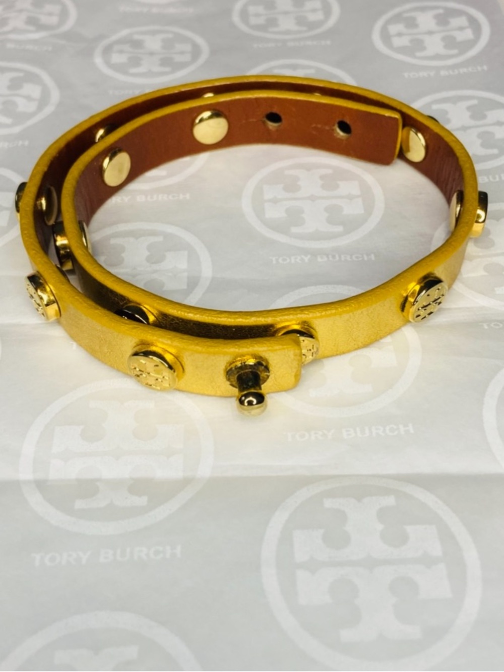 Tory Burch Metallic Gold Double Wrap Logo Stud Bracelet comes w pouch - Picture 5 of 5